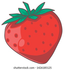 Single red strawberry with plant stem and leaves vector drawing