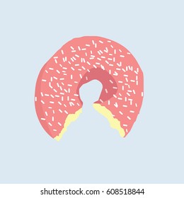 Single red sugar coated doughnut with sprinkles. Half eaten, bites missing 