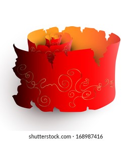 Single red torn foliant with golden pattern on the white background. You can use its as a banner for information or as an element for your design 