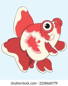 Single red white goldfish isolated on blue sky background. Vector illustration of aquarium fish in cartoon style.