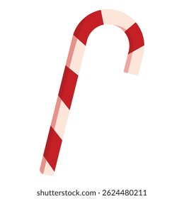 Single red and white striped candy cane is isolated on a white background