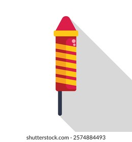 Single red and yellow firework rocket with a long shadow on a white background