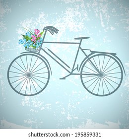 Single Retro Bicycle With Flowers Over Vintage Grunge Background 