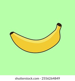 A single, ripe banana with a black tip sits on a vibrant green background, illustrated in a simple cartoon style.