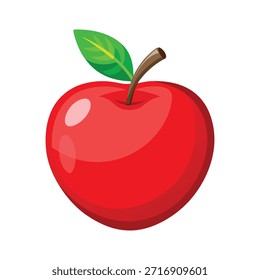 Ein einziger, reifer roter Apfel, der in einem Cartoonstil mit glänzendem Finish gerendert wurde, verfügt über ein frisches grünes Blatt und einen braunen Stiel. Einzeln auf weiß.