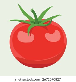 Un solo tomate rojo maduro con tallo verde y hojas