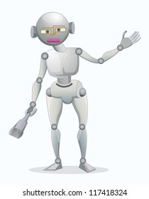 single robot holding brush isolated on white
