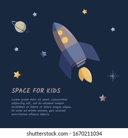 Single rocket and starry sky in a open space. Flat vector illustration. Kids space template.