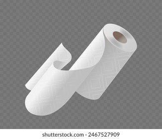 Single Roll Of White Paper Towels Unfurling Slightly, Isolated On A Transparent Background. Realistic 3d Vector Image