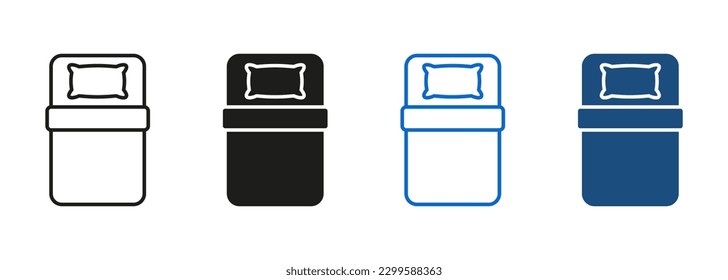 Single Room in Hotel, Motel, Hostel Black and Color Sign. Single Bed Line and Silhouette Icon Set. Type of Bed. Pillow and Blanket Symbol Collection on White Background. Isolated Vector Illustration.