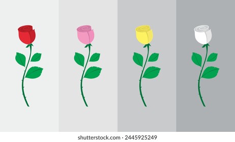 A single rose bud on a stem with thorns and three leaves. Red, pink, yellow and white versions of the artwork.