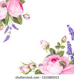 Single rose card. Gentle vintage card with hand drawn floral wreath in watercolor style - fragrant lavender. Vector illustration.
