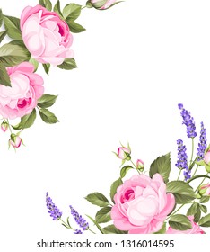 Single rose card. Gentle vintage card with hand drawn floral wreath in watercolor style - fragrant lavender. Vector illustration.