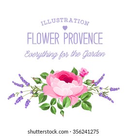 Single rose card. Gentle vintage card with hand drawn floral wreath in watercolor style - fragrant lavender. Vector illustration.