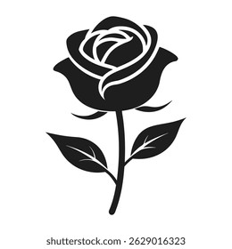 Single Rose Icon Vector Silhouette on White Background, Featuring Minimal Floral Style for Elegant Nature-Themed Design, Branding, and Decorative Art Projects
