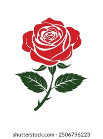 Single rose illustration with minimal branches, and sharp leaf vector design