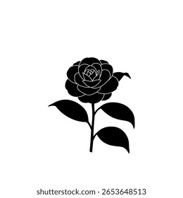 Uma única rosa em um tronco como um ícone de silhueta preto sólido. Simples gráfico representando beleza, amor, romance, ou um presente pensativo.