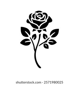 Single rose silhouette icon with stem and leaves vector illustration design on white background.