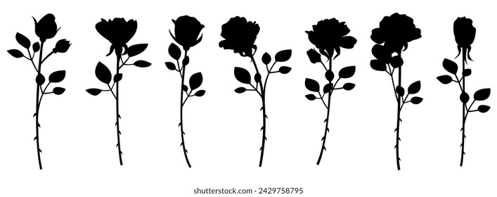 Single rose silhouette set, variation material, icon, vector
