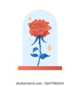 Single rose under flask glass isolated on white. Vintage fairytale element. Vector illustration.