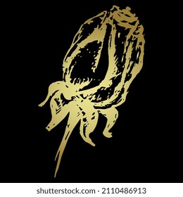 Single rosebud. Beautiful rose flower. Hand drawn rough sketch. Floral design. Golden glossy silhouette on black background.