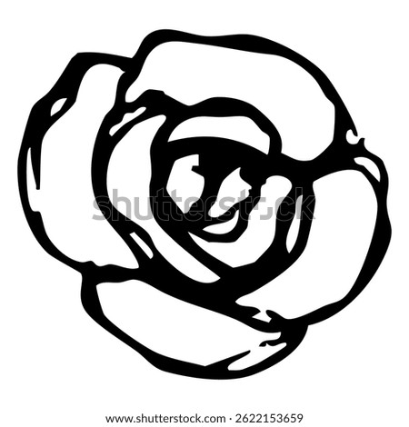 Single rosebud. Stylized rose flower. Simple floral design. Hand drawn doodle rough sketch. Black and white silhouette.