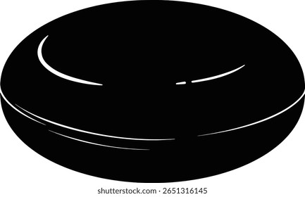 A single, round, black object, possibly a puck or a large pill, is depicted in a simple, high-contrast illustration.  Its smooth surface suggests a solid, un...