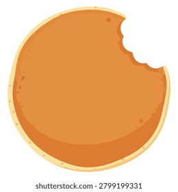 A single, round cookie with a bite taken out of it, revealing a soft white interior. The cookie has a golden brown, textured crust.