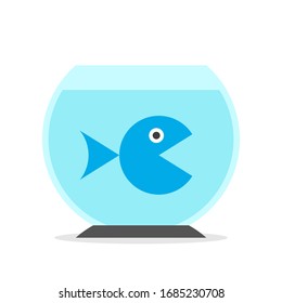 Einziger runder Fisch, der einsam in einer Fischschüssel, einzeln auf weiß, schwimmt. Konzept von Haustieren, Tieren, Einsamkeit, Wohnraum und Langeweile. Flaches Design. EPS 8 Vektorillustration Illustration, keine Transparenz, keine Farbverläufe