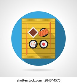 Single round flat color design vector icon for bamboo tray with sushi set on white background.