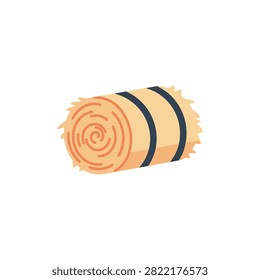 A single round hay bale rests in a field banded with dark blue straps. Ideal for agricultural themes farming and seasonal concepts. For use in rural marketing.
