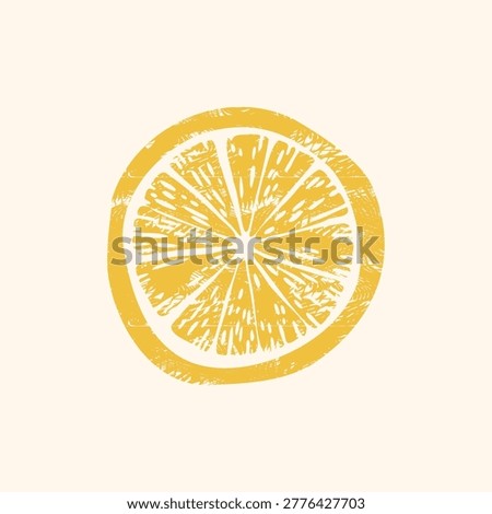 Single round lemon citrus slice in golden woodcut linocut style — bold textured stamp illustration isolated for organic label, minimal poster or amalfi coastal print