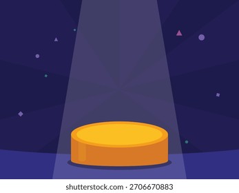 Um único palco redondo com holofote e confete formas pano de fundo. Plataforma de apresentação para a promoção da exibição do produto e cerimônia de celebração do prêmio. Estágio mínimo para o vencedor. Ilustração vetorial.