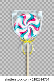 Single round striped lollipop packed in transparent cellophane bag or pack with a decorative yellow ribbon. Realistic 3D Vector illustration isolated on transparent background.