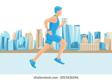 Single runner on skyscraper building city landscape background. Vector illustration.