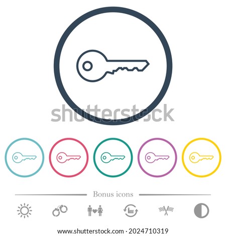 Single safety key outline flat color icons in round outlines. 6 bonus icons included.