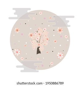 Single sakura, apple or cherry tree in round background. Decor clouds, flowers, petals. Vector illustration in Japanese style for design of textiles, tableware, logo.