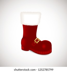 A single Santa Claus Christmas red high boots Realistic vector illustration icon isolated on white background.