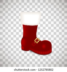 A single Santa Claus Christmas red high boots Realistic vector illustration icon isolated on transparent background.