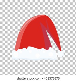 Single Santa Claus red hat silhouette. Santa winter fur wool red hat isolated on checkered background. Santa Christmas hat decoration. Flat icon winter snowboard hat cap. Vector illustration