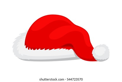 Single Santa Claus red hat realisticvector illustration in flat style. Santa winter fur wool red hat isolated on white background. Christmas decorative headwear. Icon of winter snowboard hat cap.