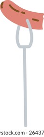 A single sausage pierced on a fork in a flat cartoon style. The fork holds the sausage vertically with grill marks visible. Cartoon vector illustration.