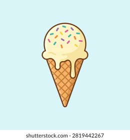 A single scoop of creamy vanilla ice cream melting in a crispy waffle cone, topped with vibrant rainbow sprinkles.
