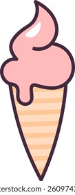 A single scoop ice cream cone with a swirl on top in a simple cartoon style. The cone features a striped pattern, and the ice cream has a glossy highlight. Cartoon vector illustration.