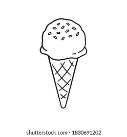 Single scoop ice cream with sprinkles on sugar cone line art outline cartoon illustration. Coloring book page activity worksheet for kids.