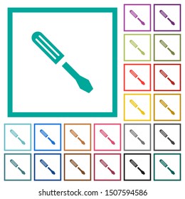 Single screwdriver flat color icons with quadrant frames on white background