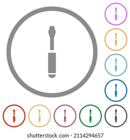 Single screwdriver flat color icons in round outlines on white background