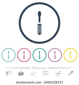 Single screwdriver flat color icons in round outlines. 6 bonus icons included.