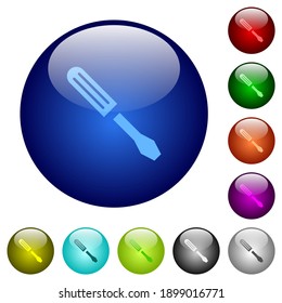 Single screwdriver icons on round glass buttons in multiple colors. Arranged layer structure