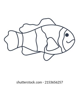 Ilustración vectorial de peces de mar o río único. Silueta aislada de vida marina. Pescado a rayas negras con hermoso estilo de doodle de aletas sobre fondo blanco